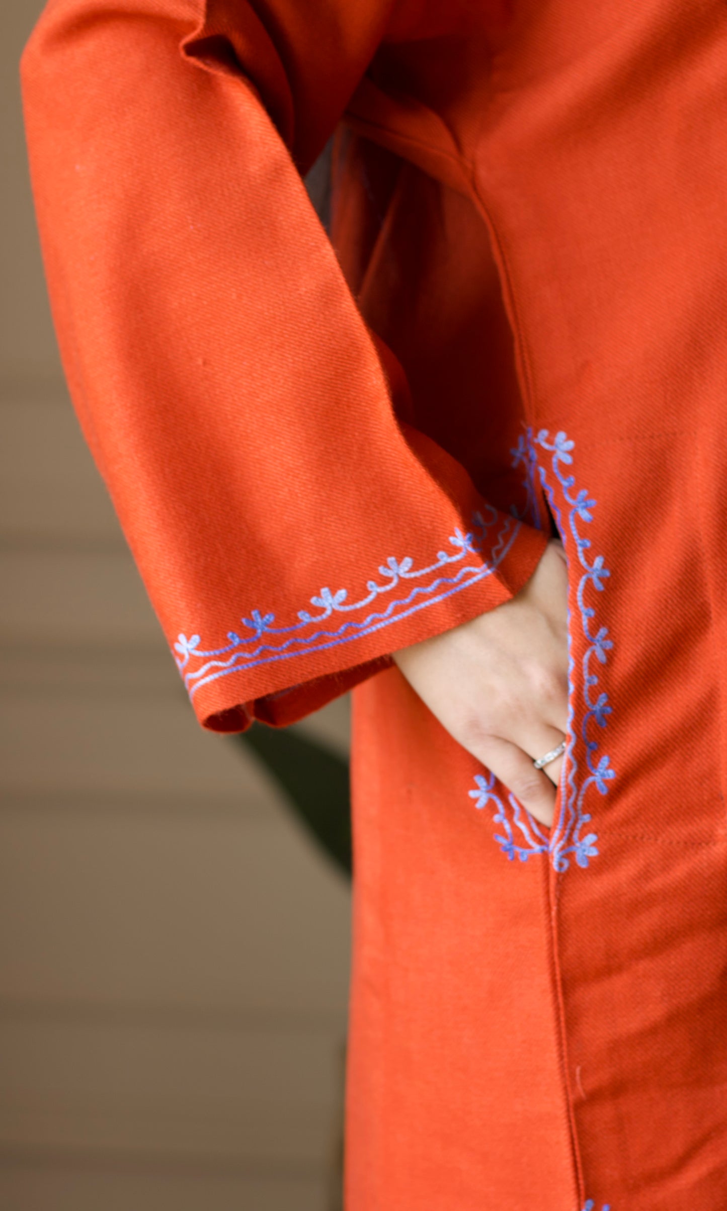 Red Blue Bliss Aari Embroidered Fine Cashmilon Pheran