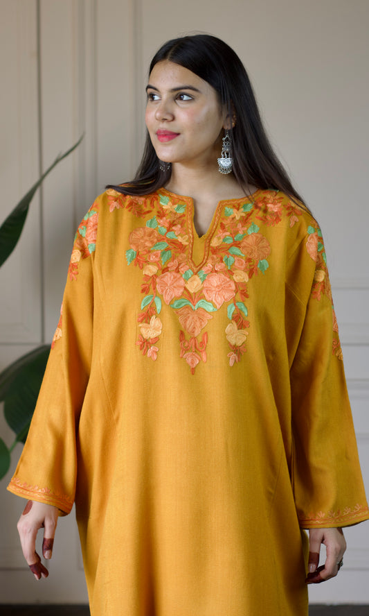 Saffron Bloom Aari Embroidered Mustard Fine Cashmilon Pheran