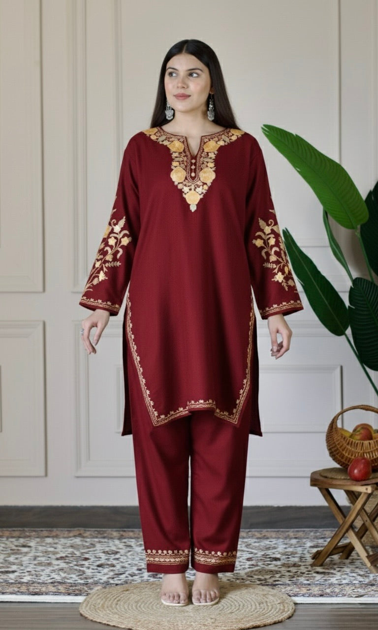 Red Kashmiri Aari Woollen Co-ord Set - Golden Dawn