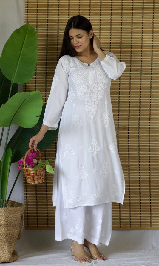 Rayon Chikankari Long Kurta – White