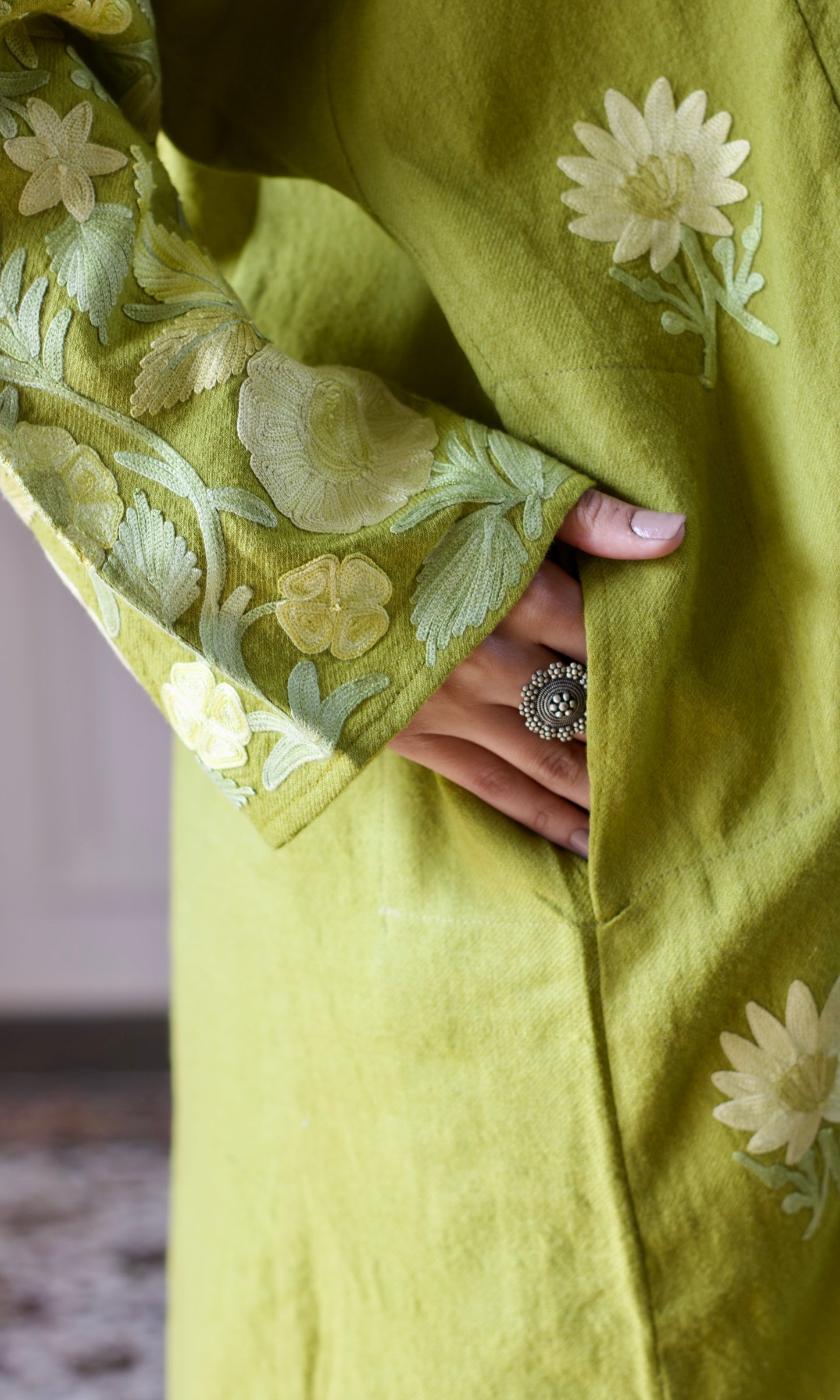 Light Green Aari Embroidered Wool Pheran