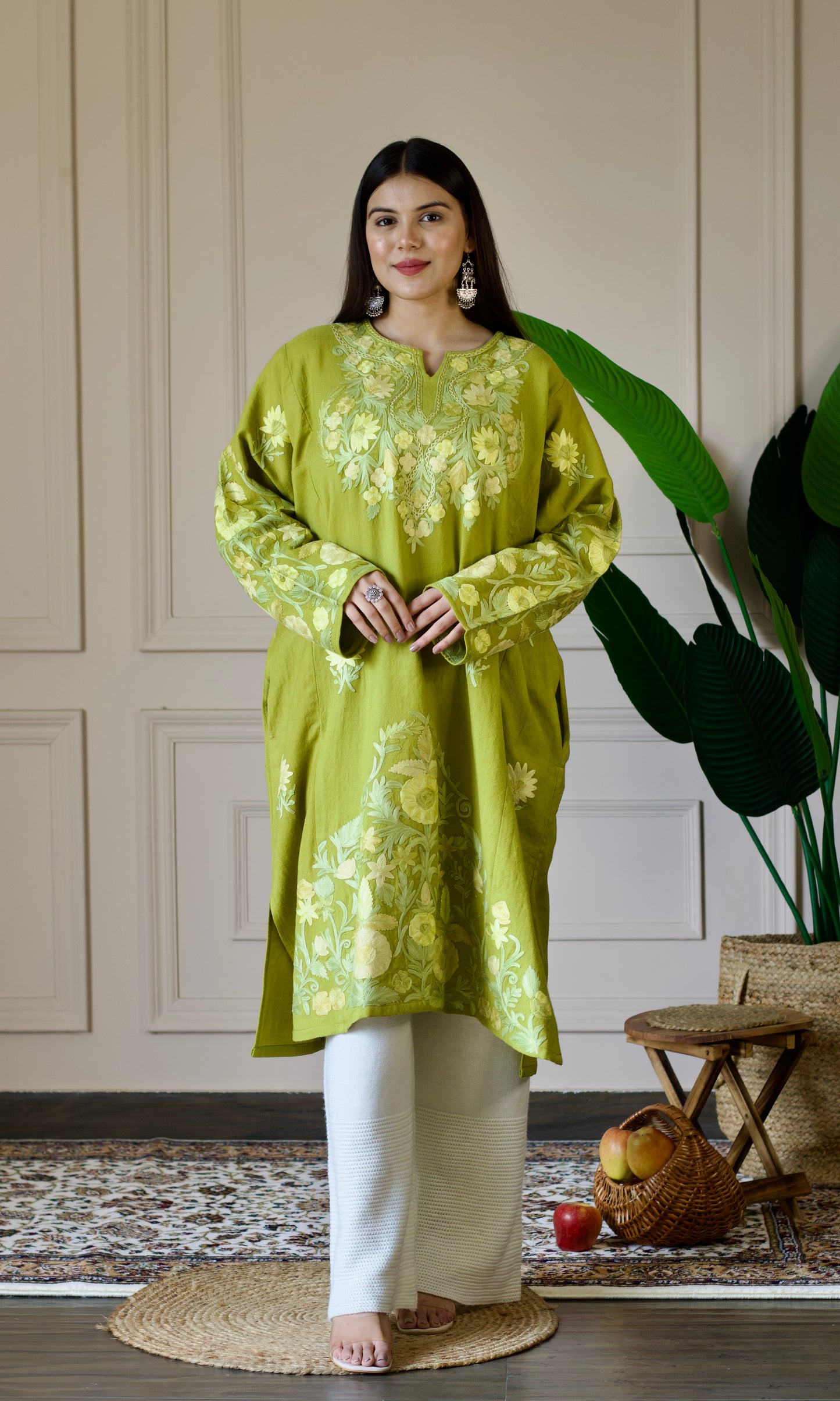 Light Green Aari Embroidered Wool Pheran