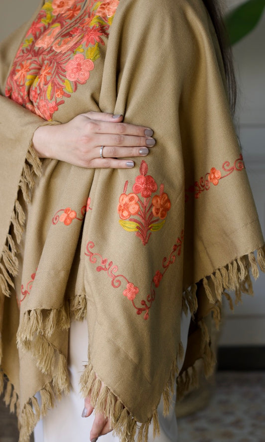 Light Brown Aari Embroidered Fine Cashmilon Poncho