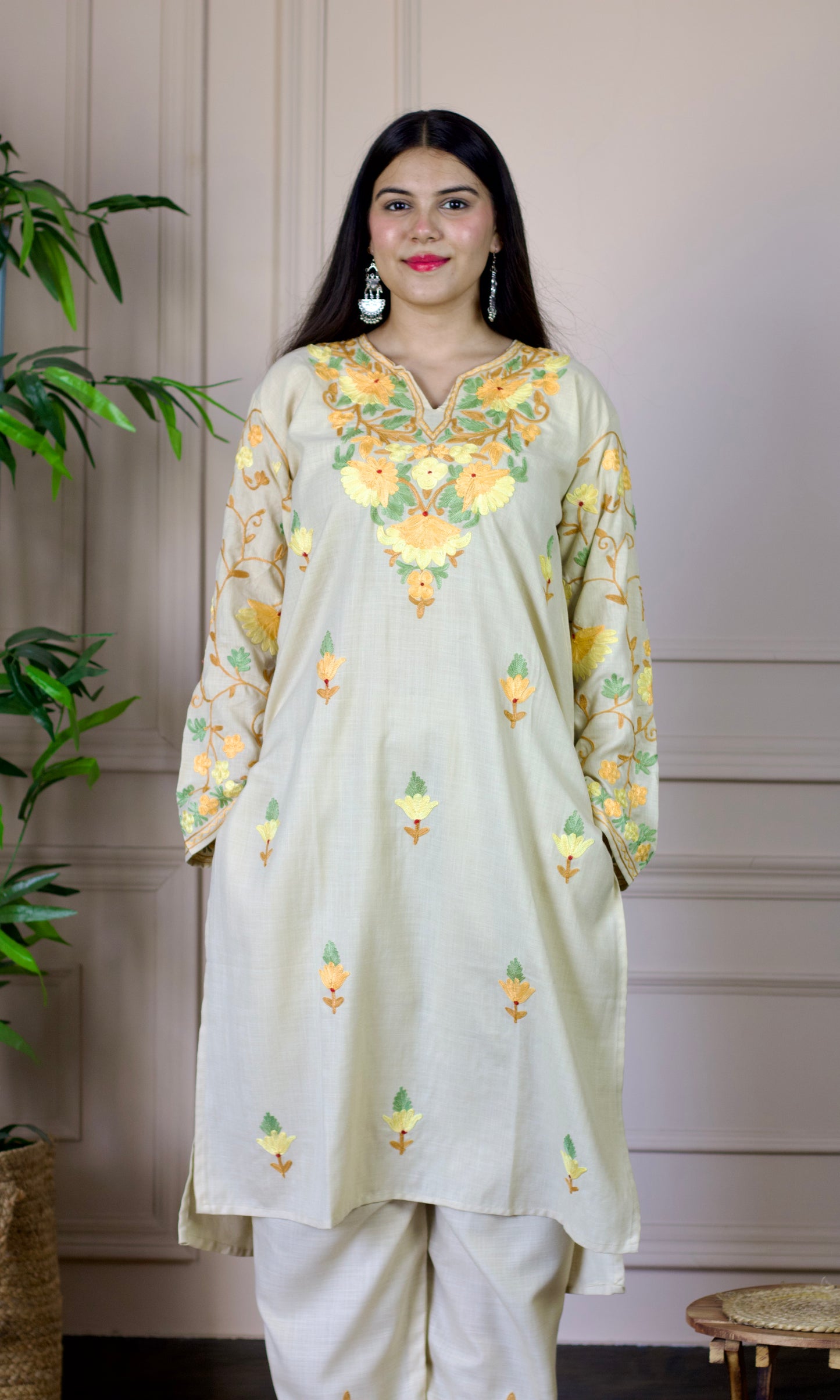Beige Aari Embroidered Cotton Co-ord Set