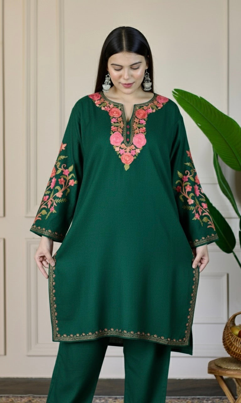 Bottle Green Kashmiri Aari Woollen Co-ord Set - Blush Bloom