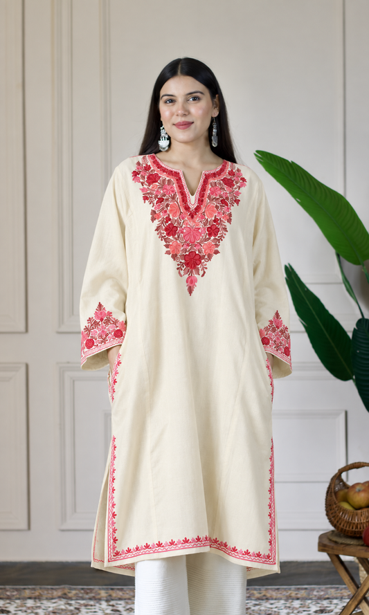 Off-White Ruby Rose Aari Embroidered Fine Cashmilon Pheran