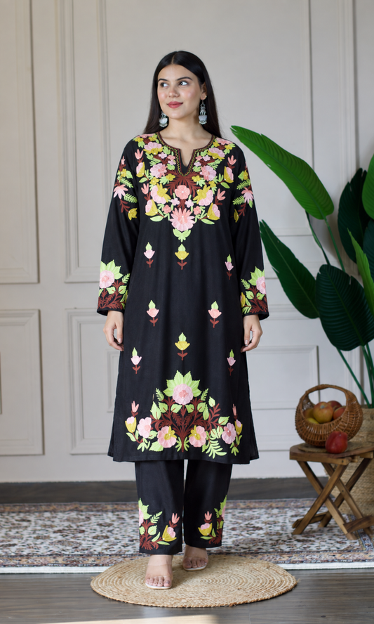 Black Kashmiri Aari Embroidered Kurta Set