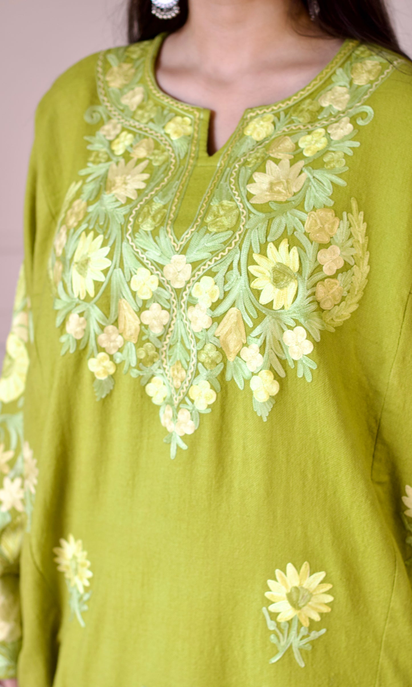Light Green Aari Embroidered Wool Pheran