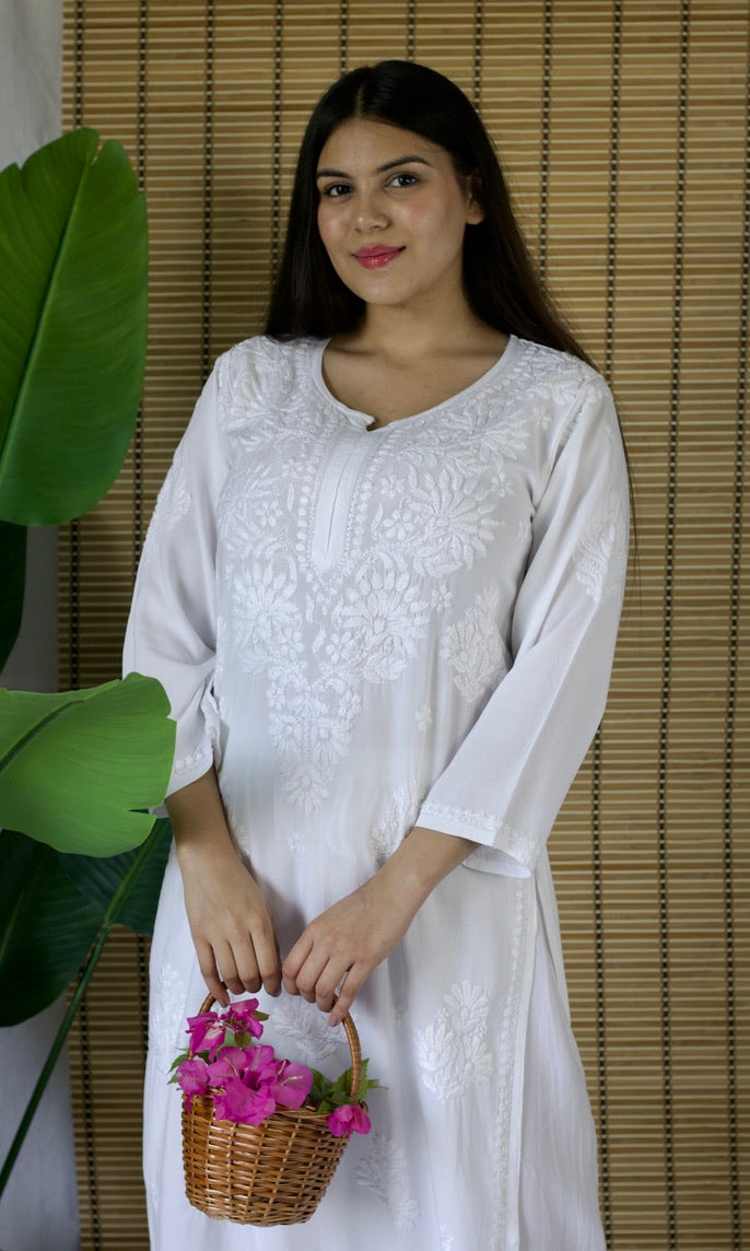 Rayon Chikankari Long Kurta – White
