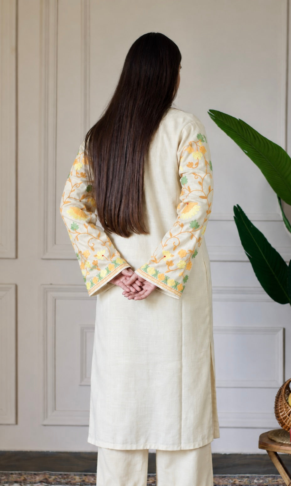 Beige Kashmiri Aari Embroidered Kurta Set