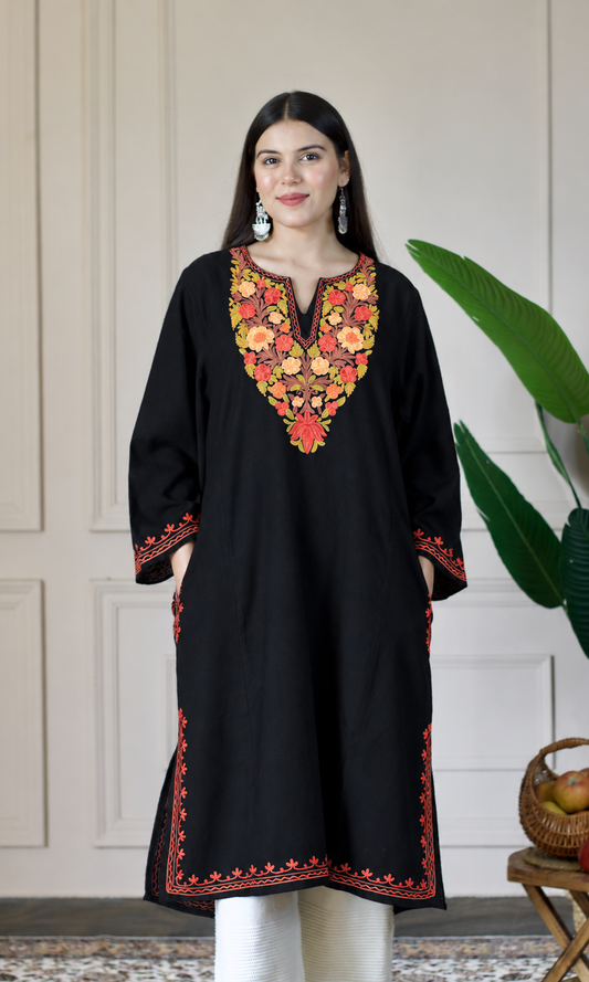 Ember Rose Black Aari Embroidered Fine Cashmilon Pheran