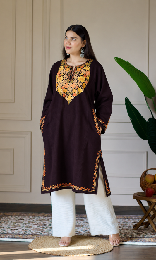Deep Wine Saffron Ember Aari Embroidered Fine Cashmilon Pheran