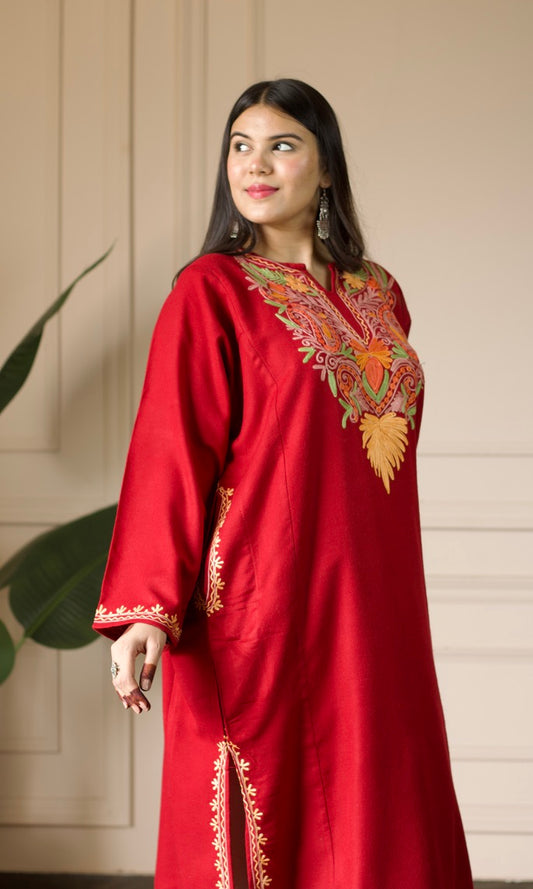 Ruby Flame Aari Embroidered Fine Cashmilon Pheran