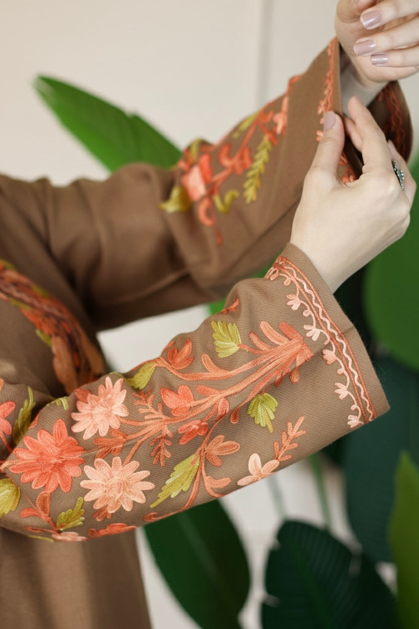 Brown Kashmiri Aari Woollen Co-ord Set - Saffron Glow