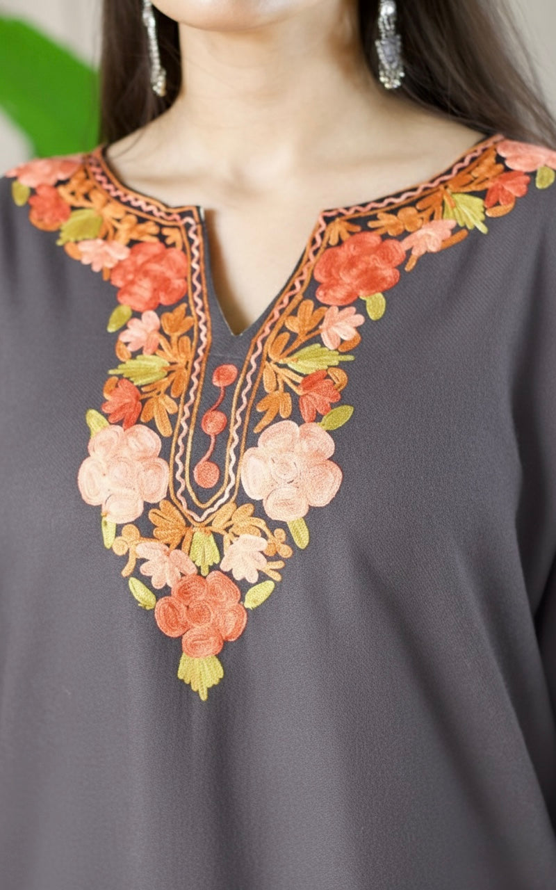 Muted Aubergine Kashmiri Aari Woollen Co-ord Set - Saffron Glow