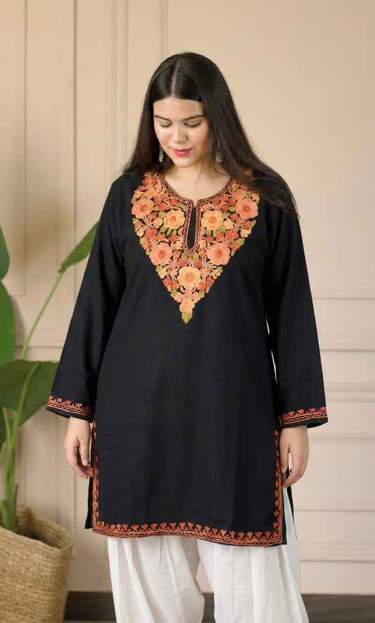 Saffron Glow Black Kashmiri Aari Embroidered Fine Cashmilon Short Kurti