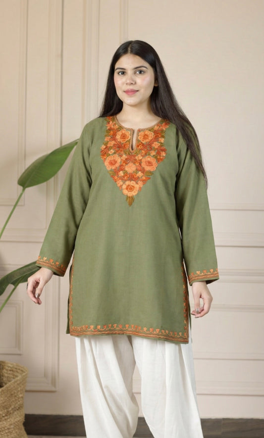 Saffron Glow Sage Kashmiri Aari Embroidered Fine Cashmilon Short Kurti