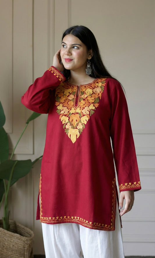 Golden Glow Red Kashmiri Aari Embroidered Fine Cashmilon Short Kurti