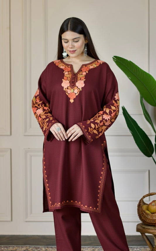 Deep Wine Kashmiri Aari Woollen Co-ord Set - Saffron Glow