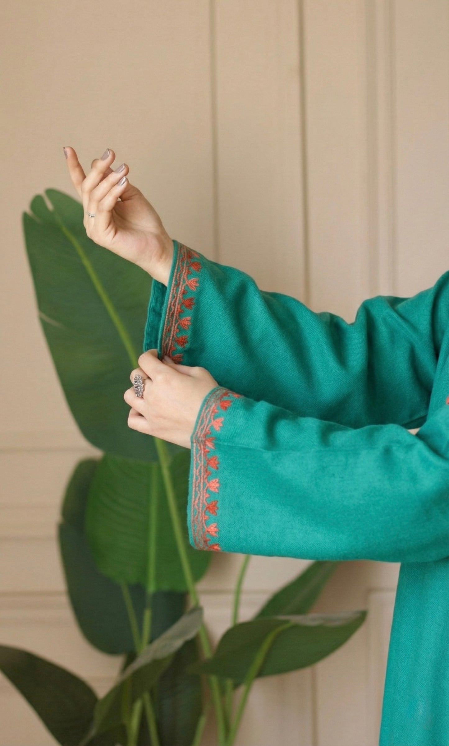 Saffron Glow Sea Green Kashmiri Aari Embroidered Fine Cashmilon Short Kurti