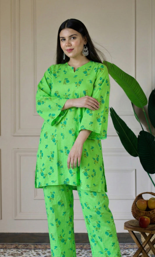 Lime Relaxed Fit Cotton Co-ord Set with Bell Sleeves