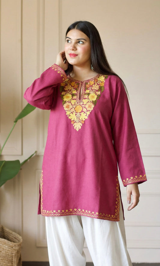 Saffron Glow Pink Kashmiri Aari Embroidered Fine Cashmilon Short Kurti
