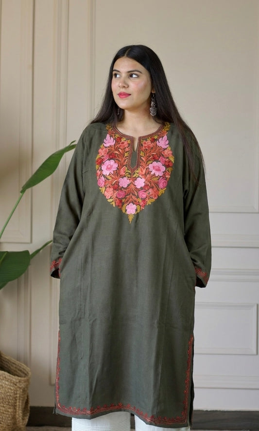 Blush Ember Grey Aari Embroidered Fine Cashmilon Pheran