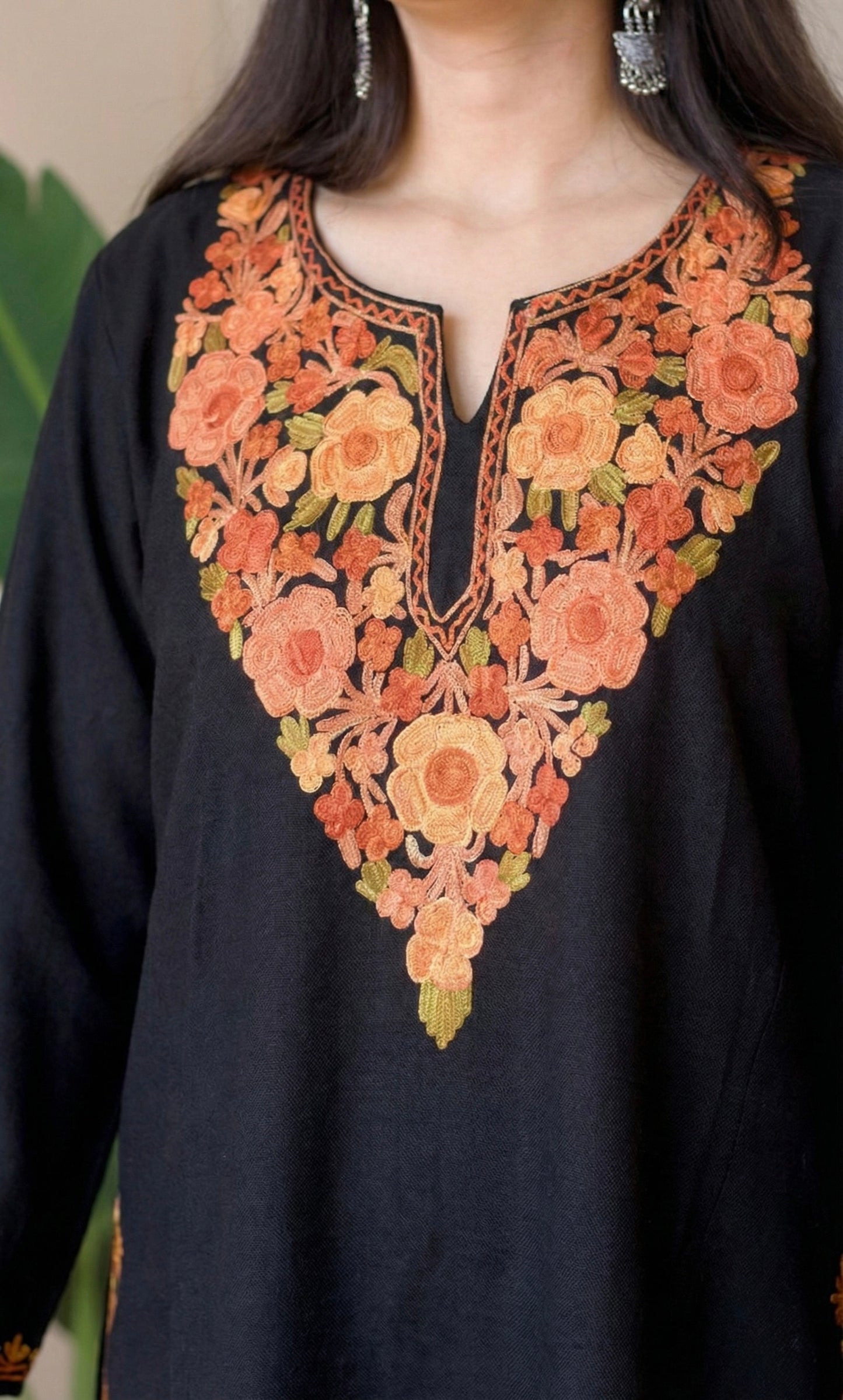 Saffron Glow Black Kashmiri Aari Embroidered Fine Cashmilon Short Kurti