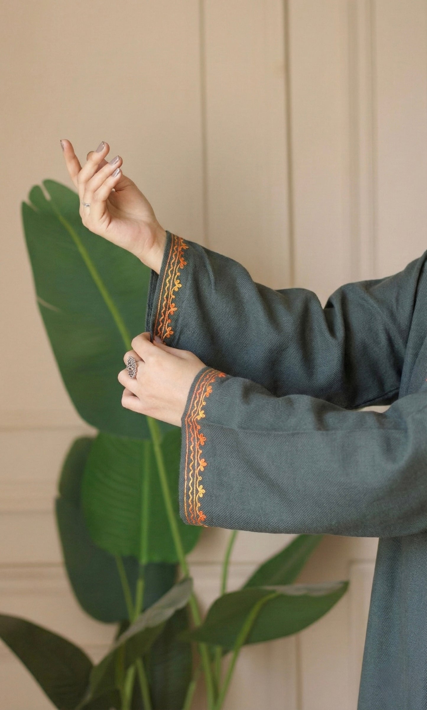 Ash Saffron Bloom Aari Embroidered Fine Cashmilon Pheran