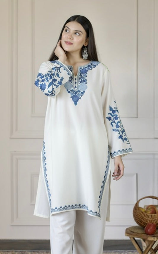 White Kashmiri Aari Woollen Co-ord Set - Midnight Mist