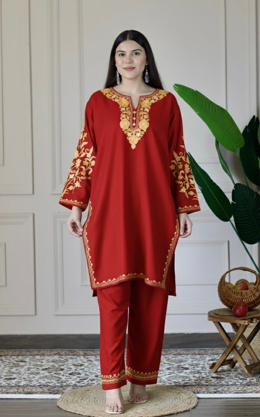 Red Kashmiri Aari Woollen Co-ord Set - Golden Dawn