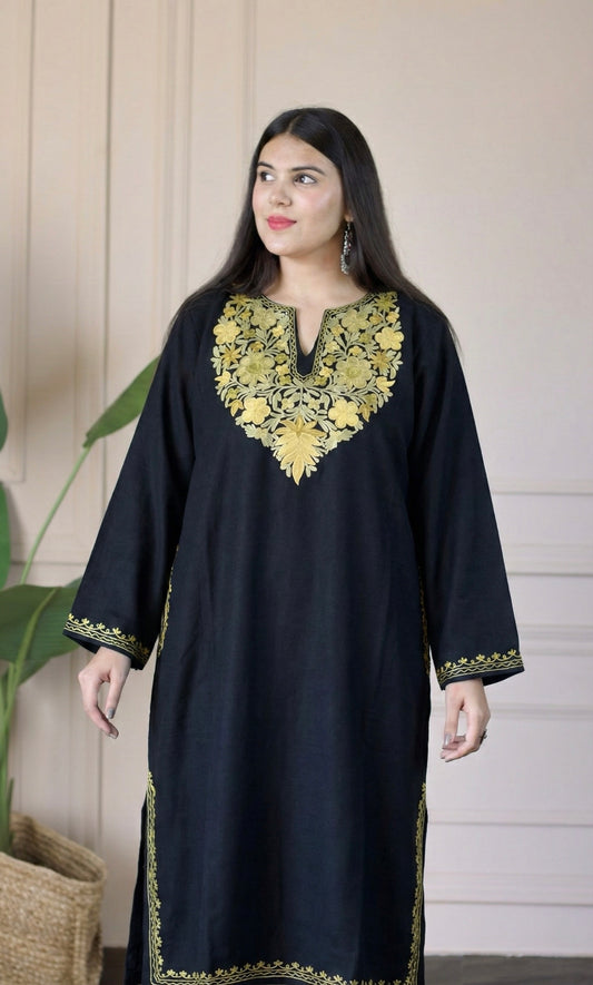 Black Sage Gold Aari Embroidered Fine Cashmilon Pheran