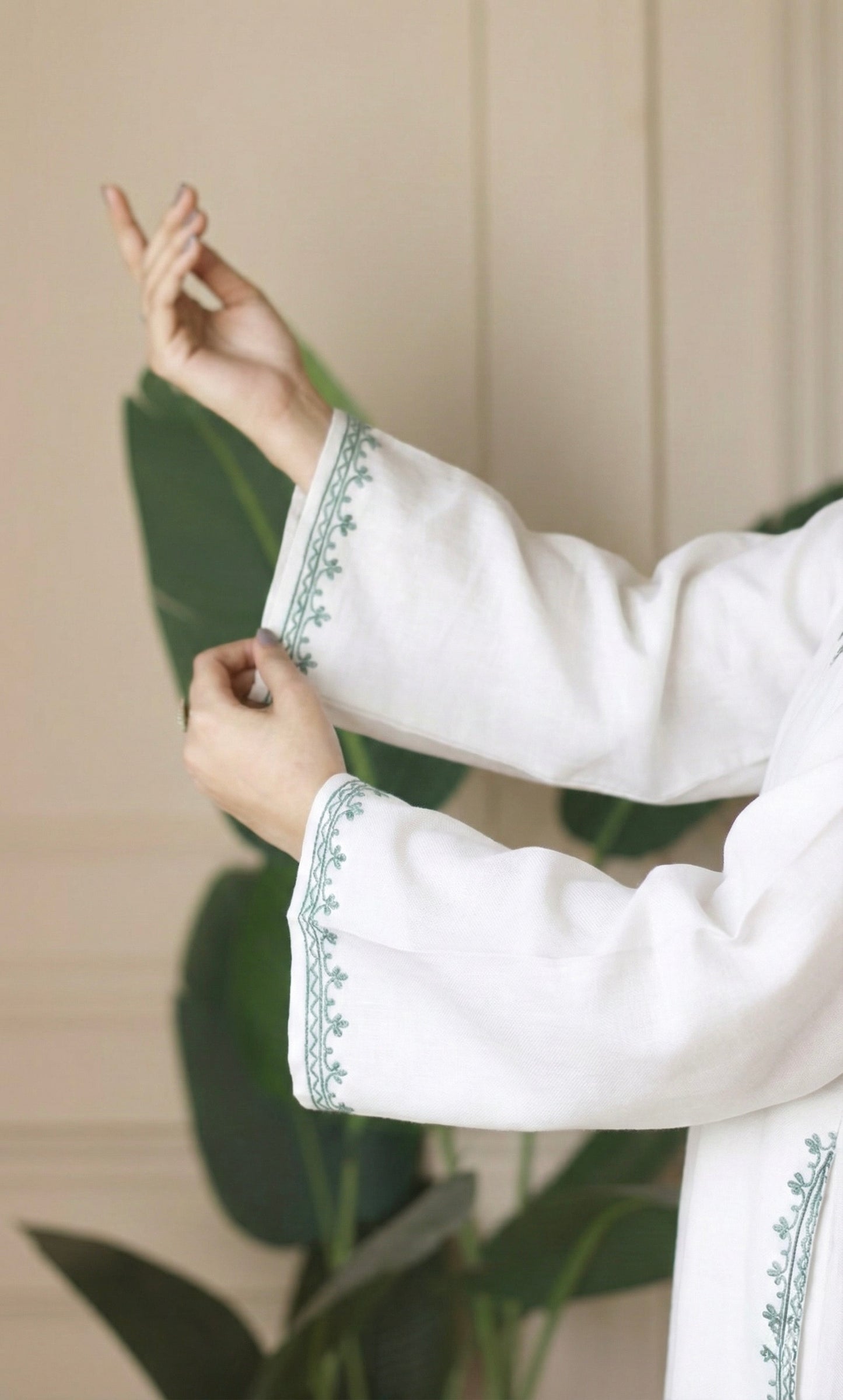 White Mint Aari Embroidered Fine Cashmilon Pheran