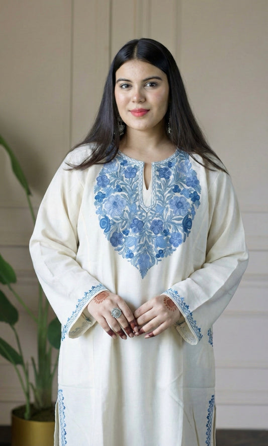 Snow Bloom Off-White Aari Embroidered Fine Cashmilon Pheran