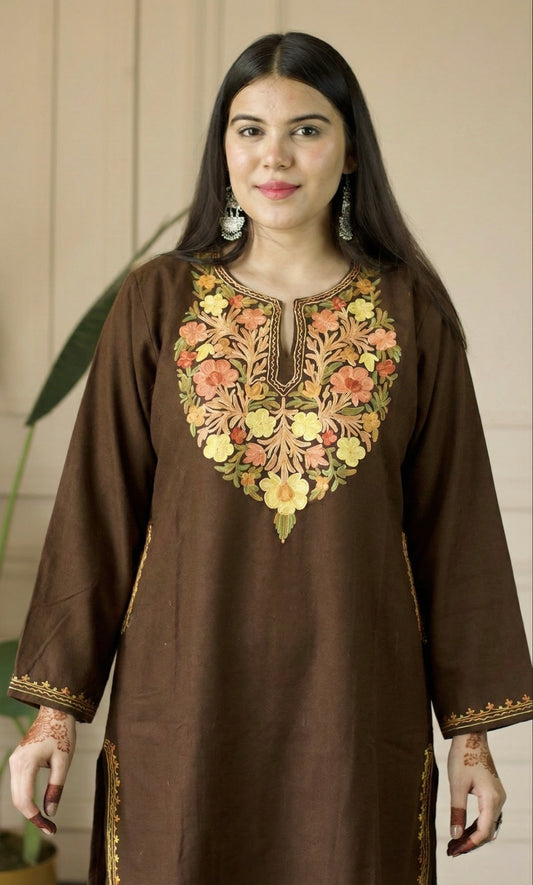 Cocoa Saffron Bloom Aari Embroidered Fine Cashmilon Pheran