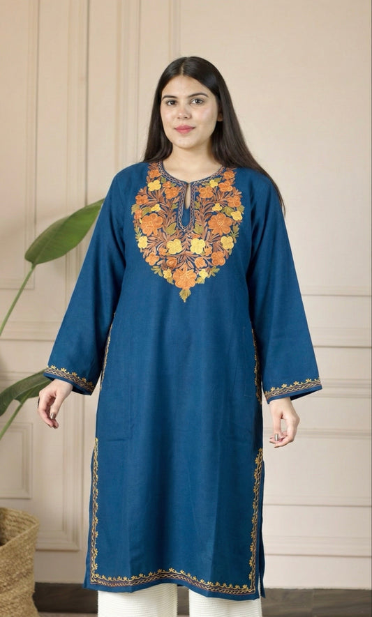 Sunfire Bloom Blue Aari Embroidered Fine Cashmilon Pheran