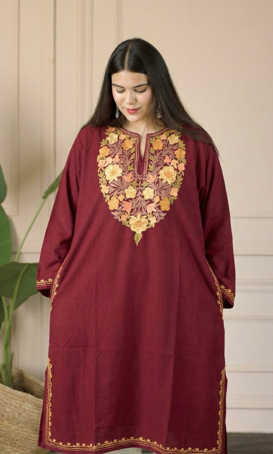 Maroon Saffron Bloom Aari Embroidered Fine Cashmilon Pheran