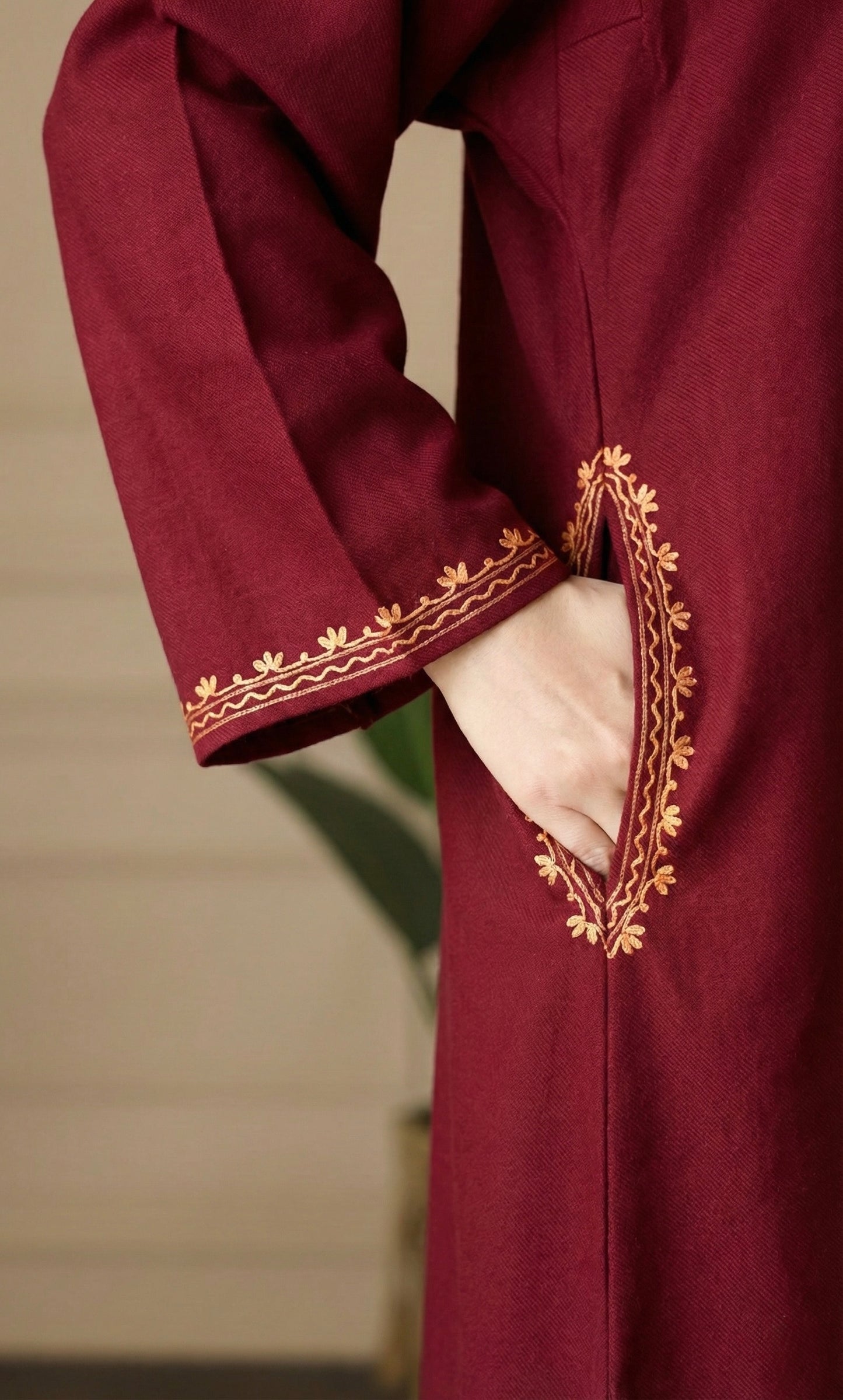 Maroon Saffron Bloom Aari Embroidered Fine Cashmilon Pheran