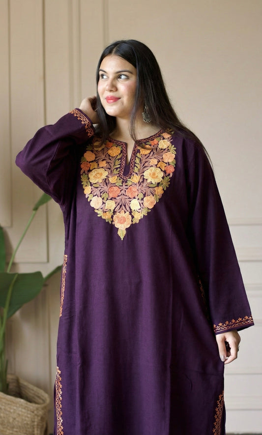 Wine Saffron Ember Aari Embroidered Fine Cashmilon Pheran