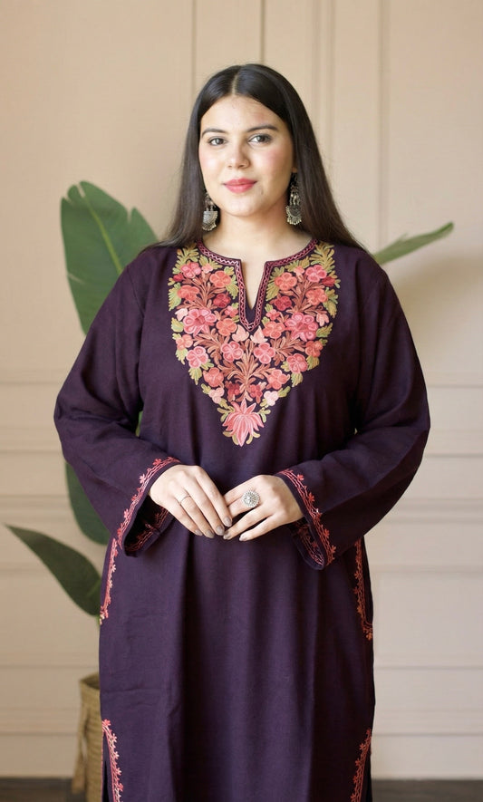 Wine Rose Ember Aari Embroidered Fine Cashmilon Pheran