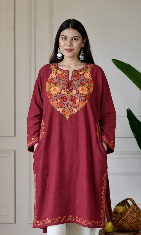 Dusty Rose Bloom Aari Embroidered Fine Cashmilon Pheran