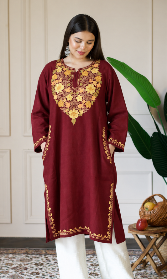 Maroon Saffron Bloom Aari Embroidered Fine Cashmilon Pheran