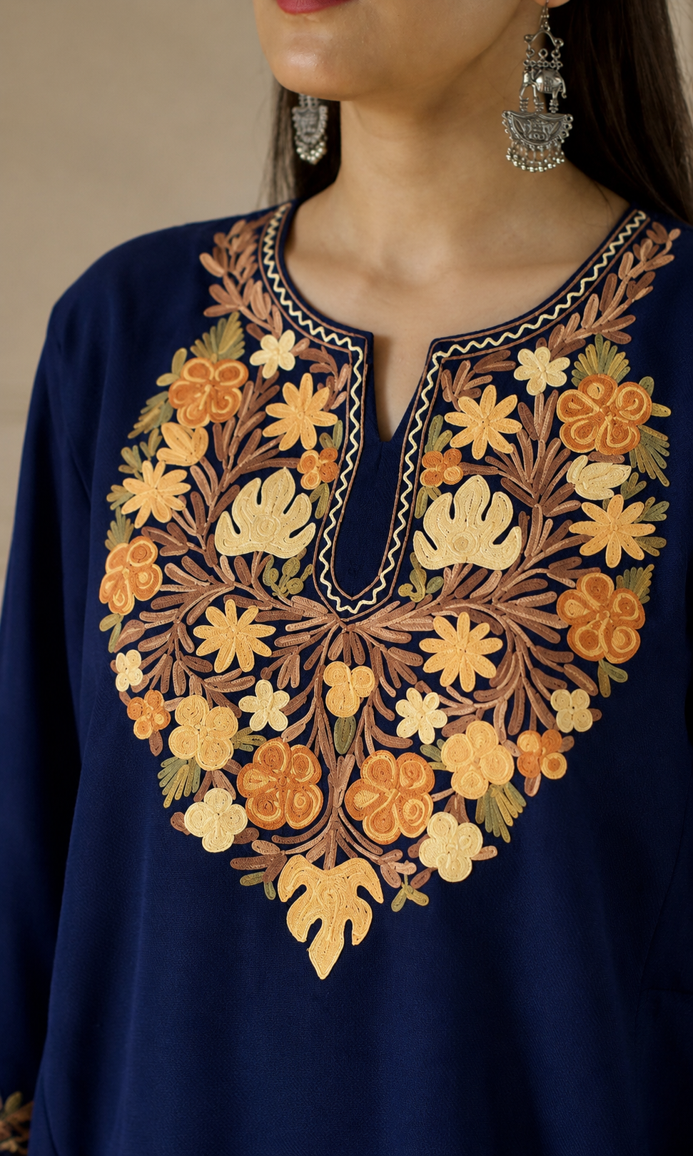 Saffron Glow Navy Blue Aari Embroidered Fine Cashmilon Pheran