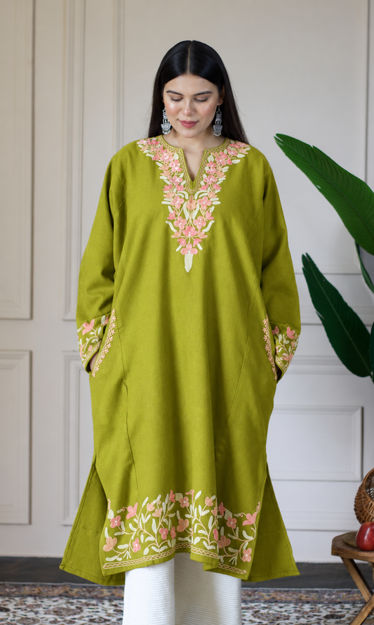 Lime Blush Petals Aari Embroidered Fine Cashmilon Pheran