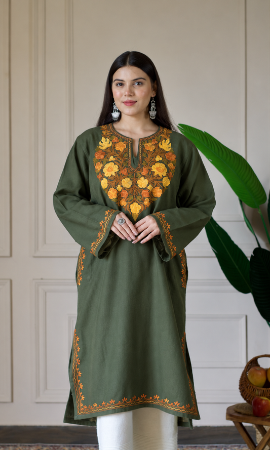 Golden Dark Olive Aari Embroidered Fine Cashmilon Pheran
