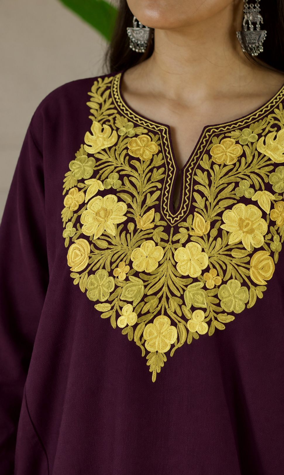 Deep Wine Sage Gold Aari Embroidered Fine Cashmilon Pheran
