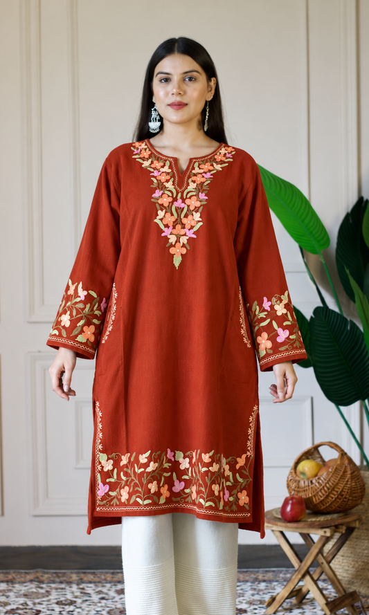 Rust Peach Blossom Aari Embroidered Fine Cashmilon Pheran