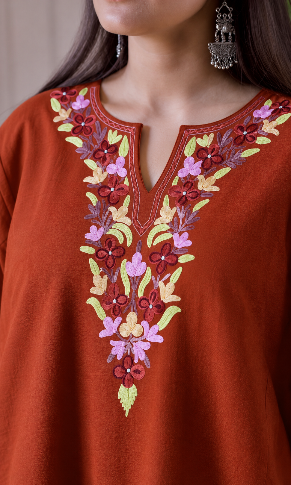 Rust Ruby Ember Aari Embroidered Fine Cashmilon Pheran