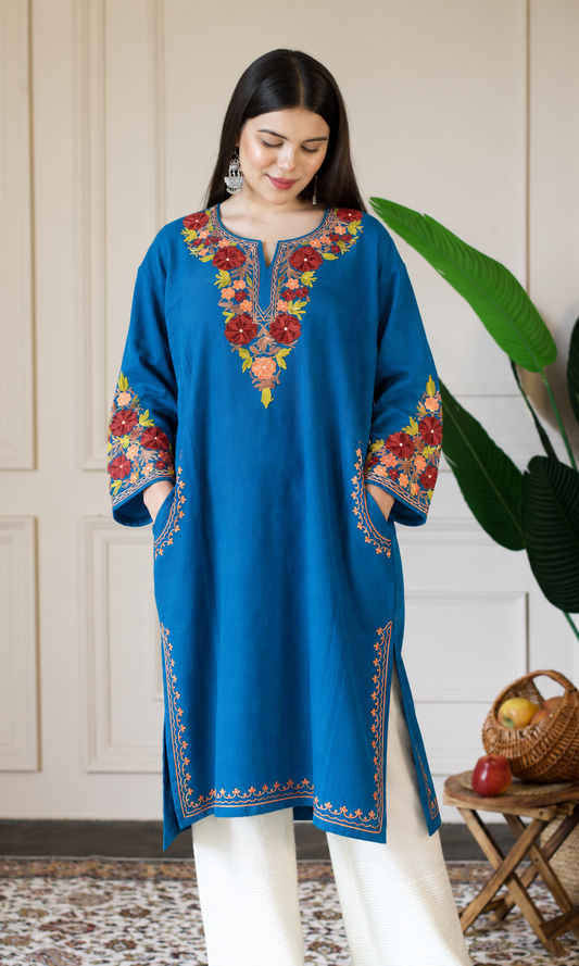 Blue Ruby Ember Aari Embroidered Fine Cashmilon Pheran