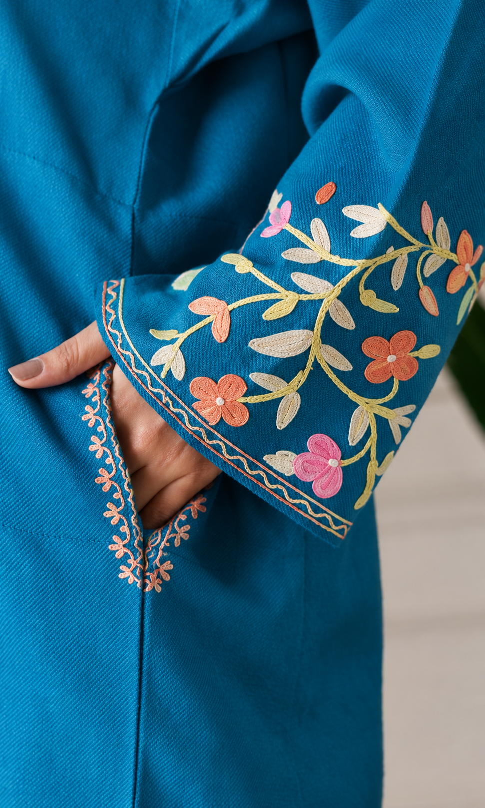 Deep Sea Blush Petals Aari Embroidered Fine Cashmilon Pheran